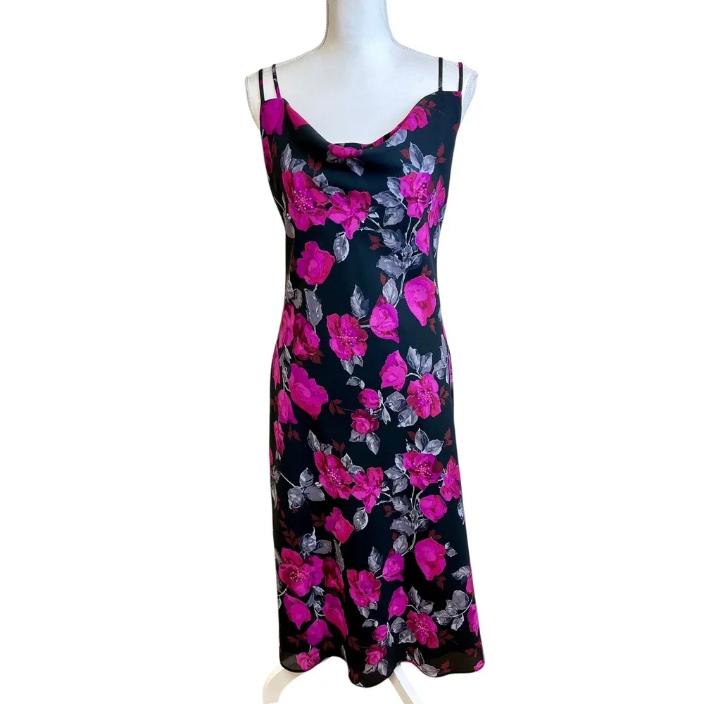 NEW YORK COMPANY Y2K 90s Black‎ Floral Midi Slip Dress Cowl 6 Beaded Phoebe